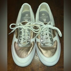 Sperry Women's Metallic Gold and White Sneakers